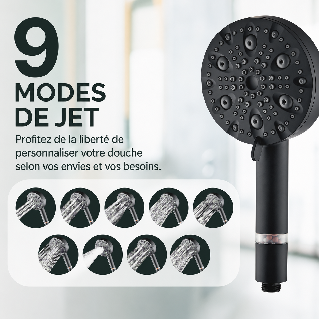Pommeau de douche haute pression filtrant - 9 modes
