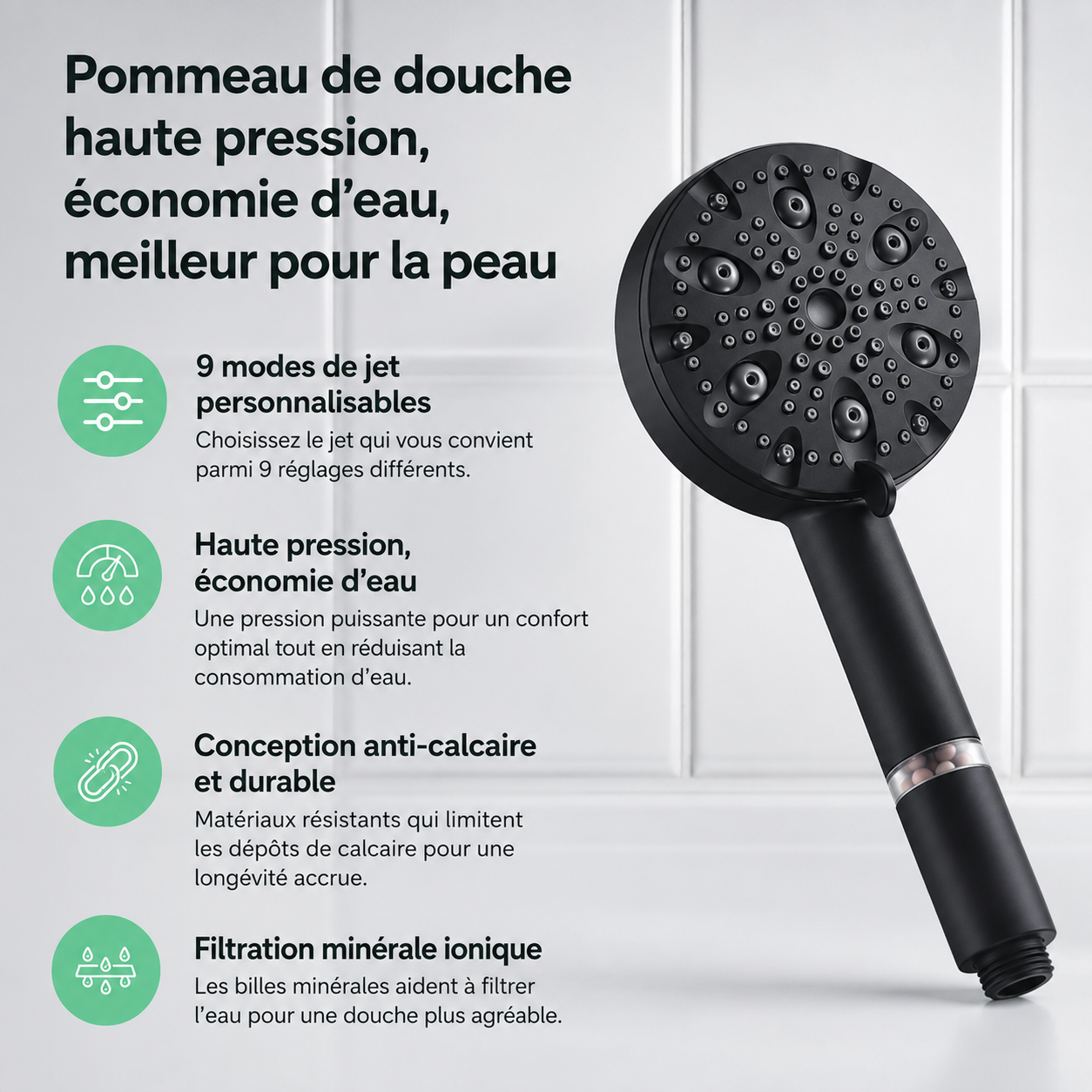 Pommeau de douche haute pression filtrant - 9 modes